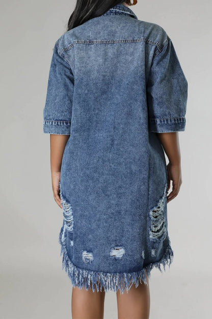 Distressed Raw Hem Button Up Denim Dress.