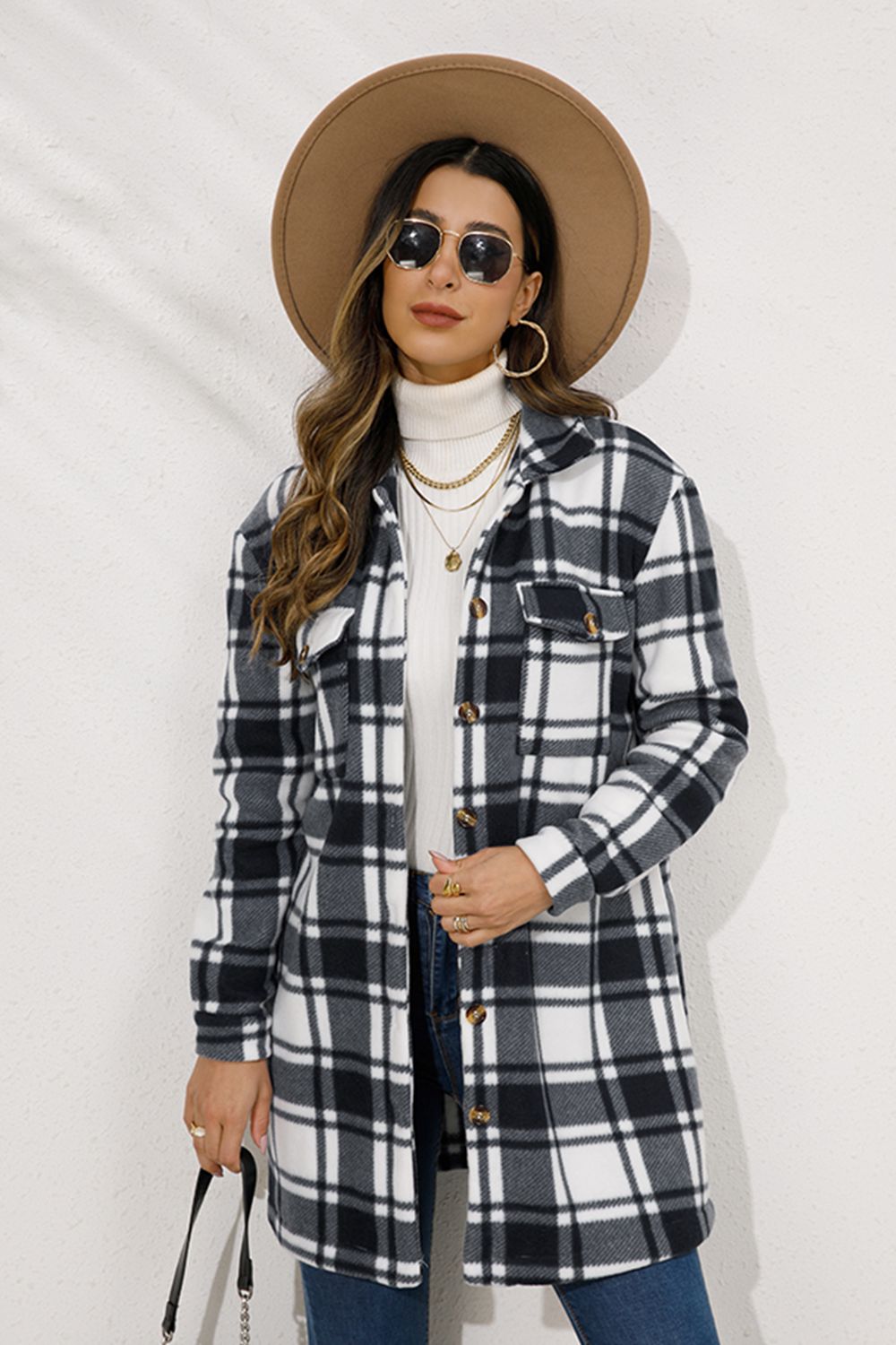 Shiny Plaid Collared Longline Coat Coco’s Tee Boutique