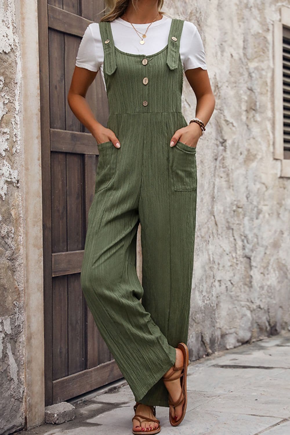 Textured Pocketed Wide Strap Overalls.