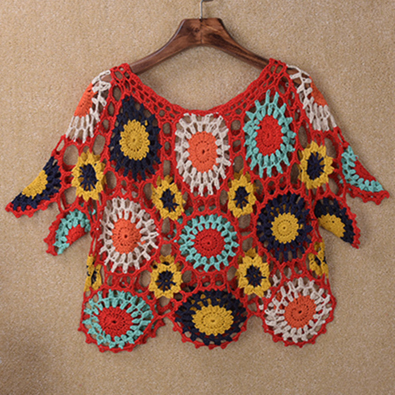 Handmade Crochet Hollow-out Floral Beach Blouse Sleeve Top Bella Mia