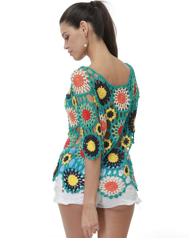 Handmade Crochet Hollow-out Floral Beach Blouse Sleeve Top Bella Mia