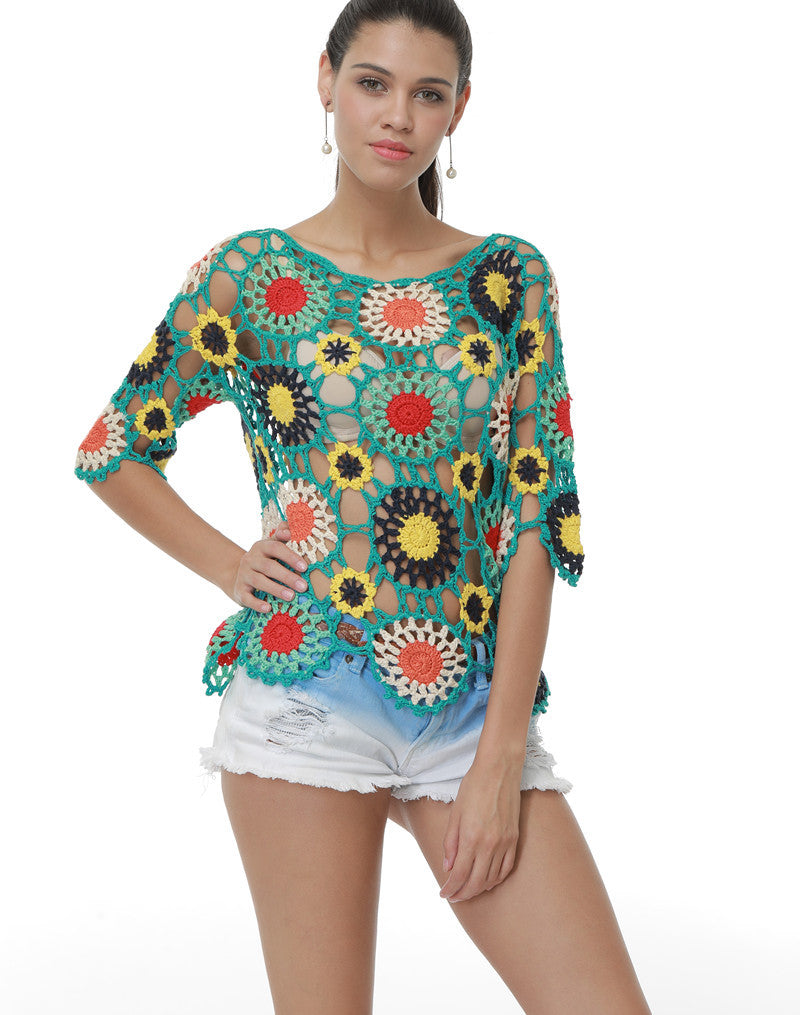 Handmade Crochet Hollow-out Floral Beach Blouse Sleeve Top Bella Mia