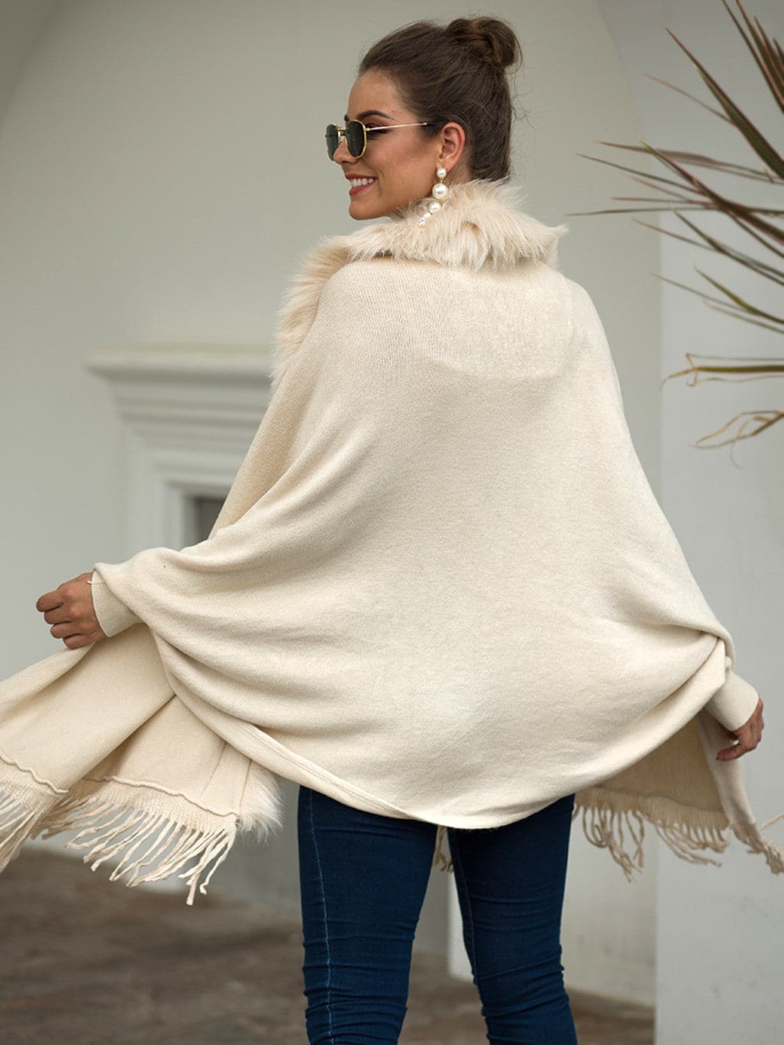 Fringe Open Front Long Sleeve Poncho.