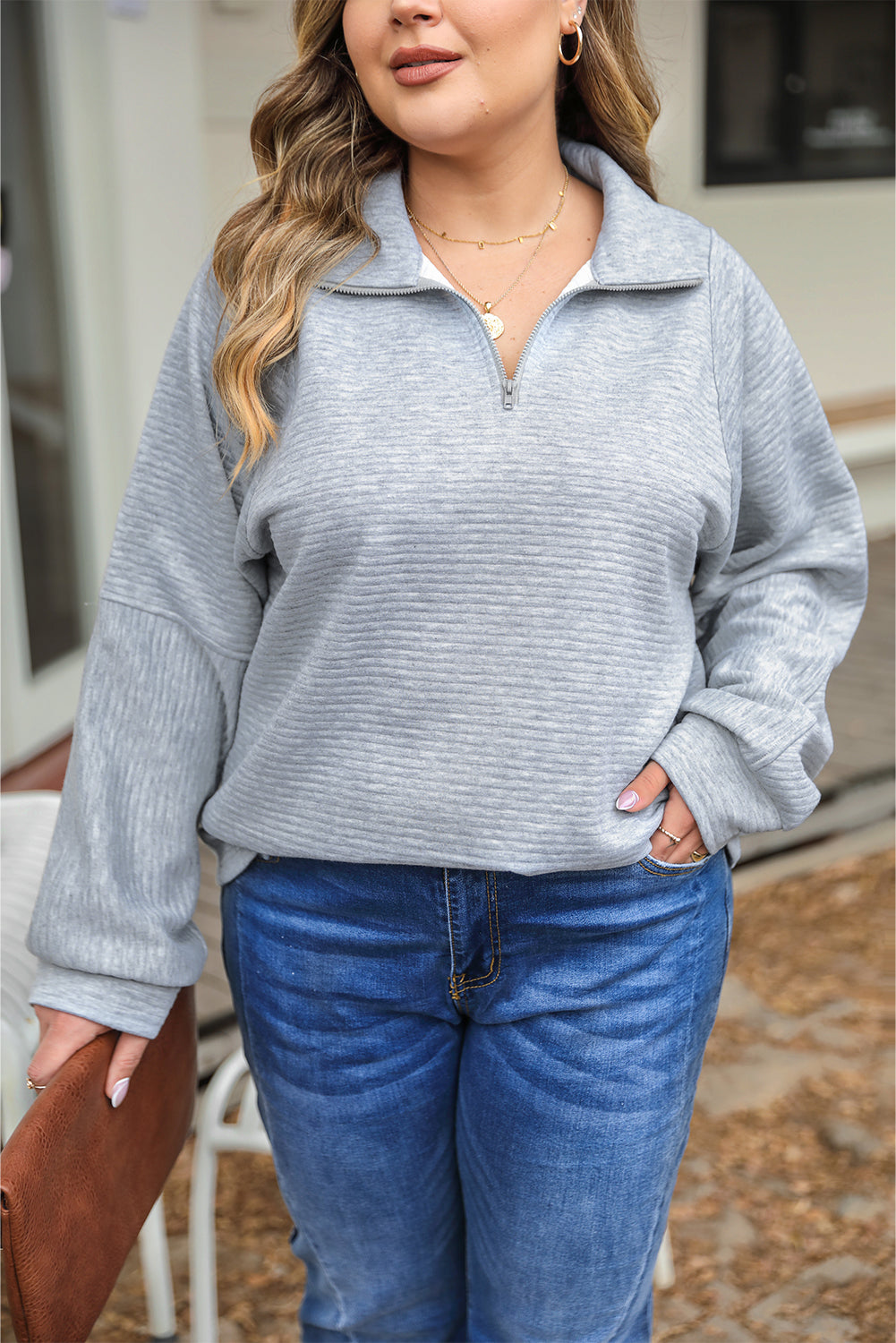 Light grey ribbed knit plus size pullover with quarter zipper collar