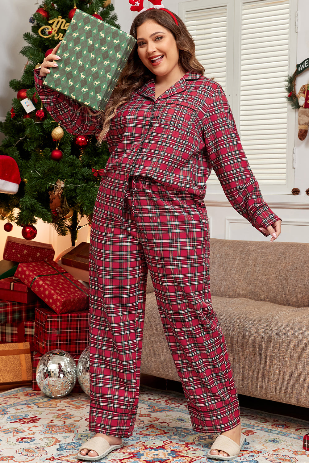 Cozy chic: Plus size red plaid shirt and pants lounge set