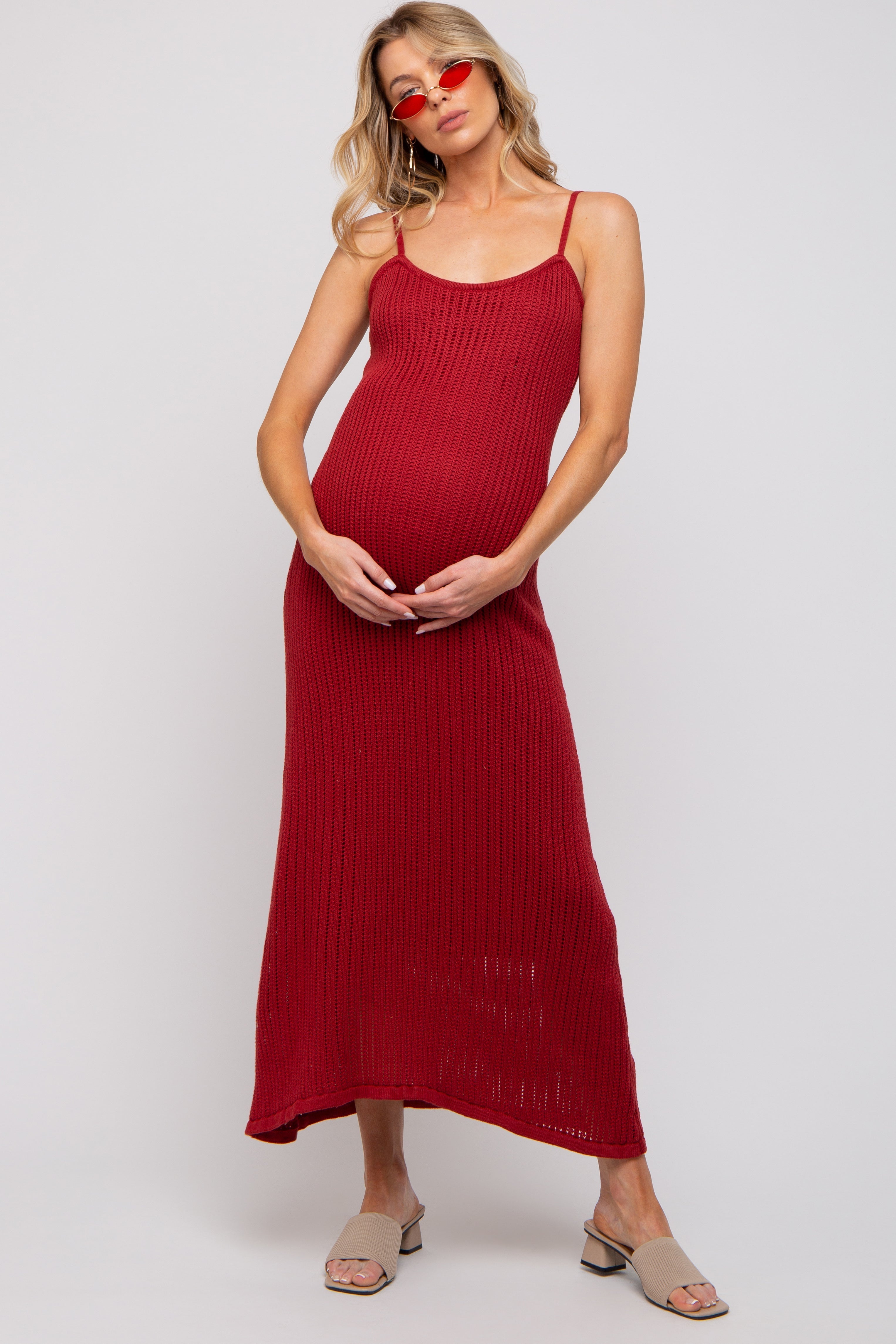 Rust Open Knit Crochet Maternity Midi Dress PinkBlush