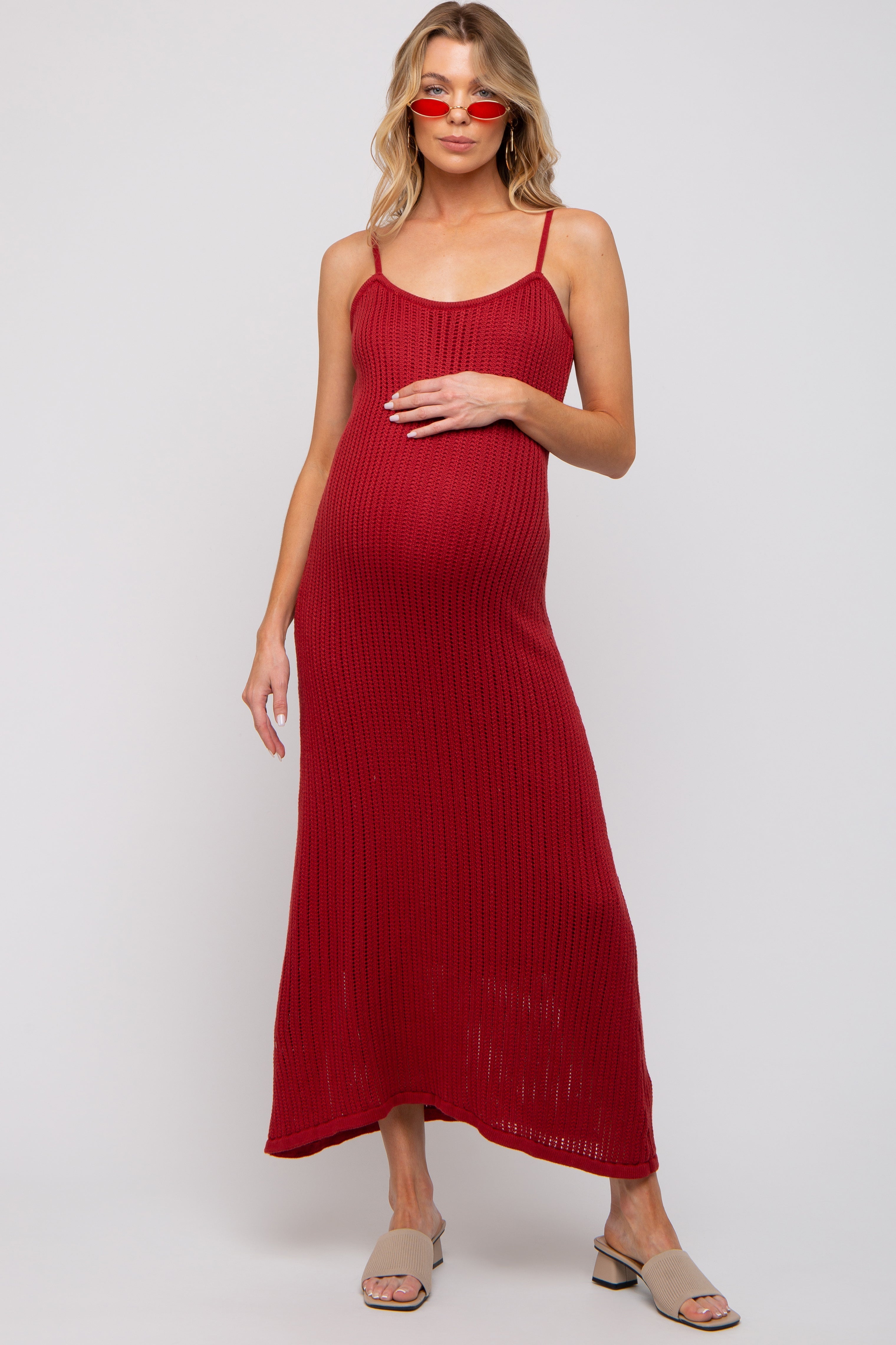 Rust Open Knit Crochet Maternity Midi Dress PinkBlush