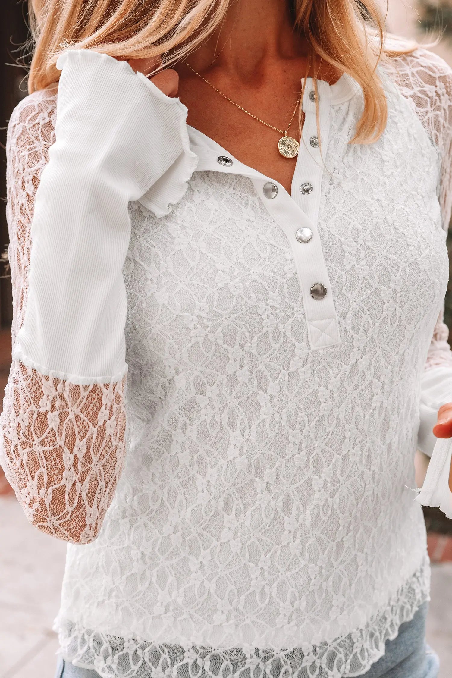 White Sheer Lace Long Sleeve Slim Fit Henley Top For Women Dear-Lover Dropshipping