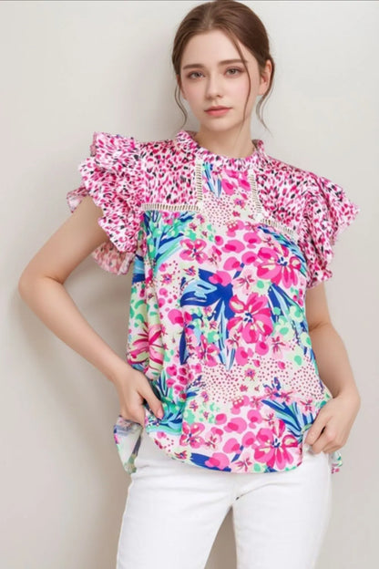 Floral Mixed Print Ruffle Cap Sleeve Blouse