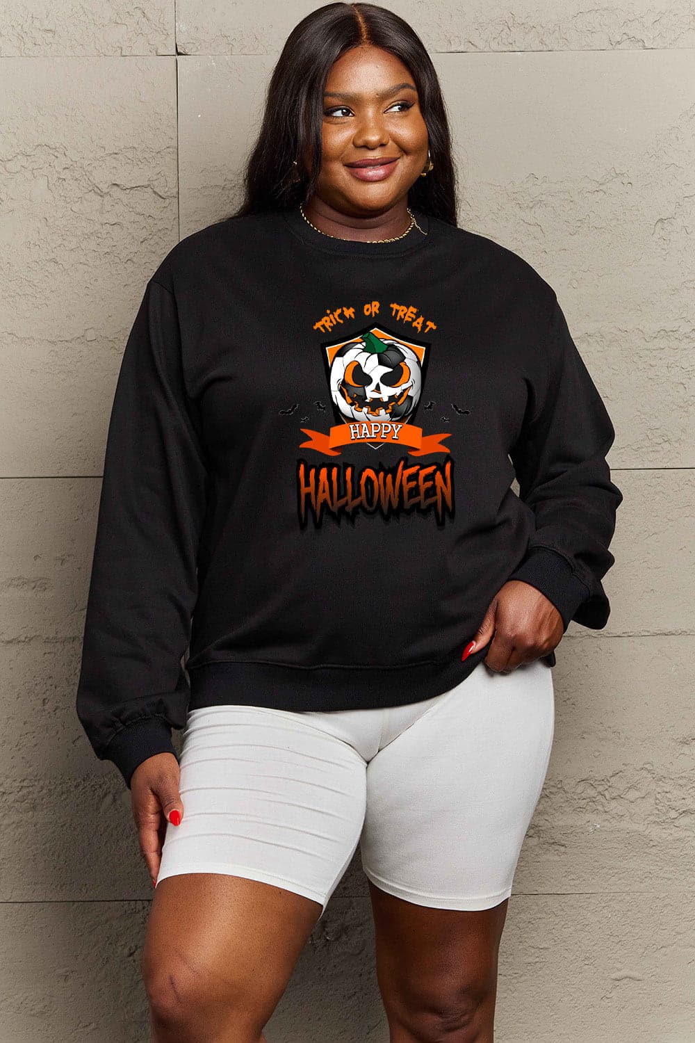 Simply Love Full Size TRICK OR TREAT HAPPY HALLOWEEN Graphic Sweatshirt.