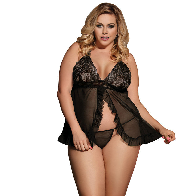 Plus Size Sexy Lingerie Women Halter Lace See through Sexy Nightdress Two Piece Sets Bella Mia