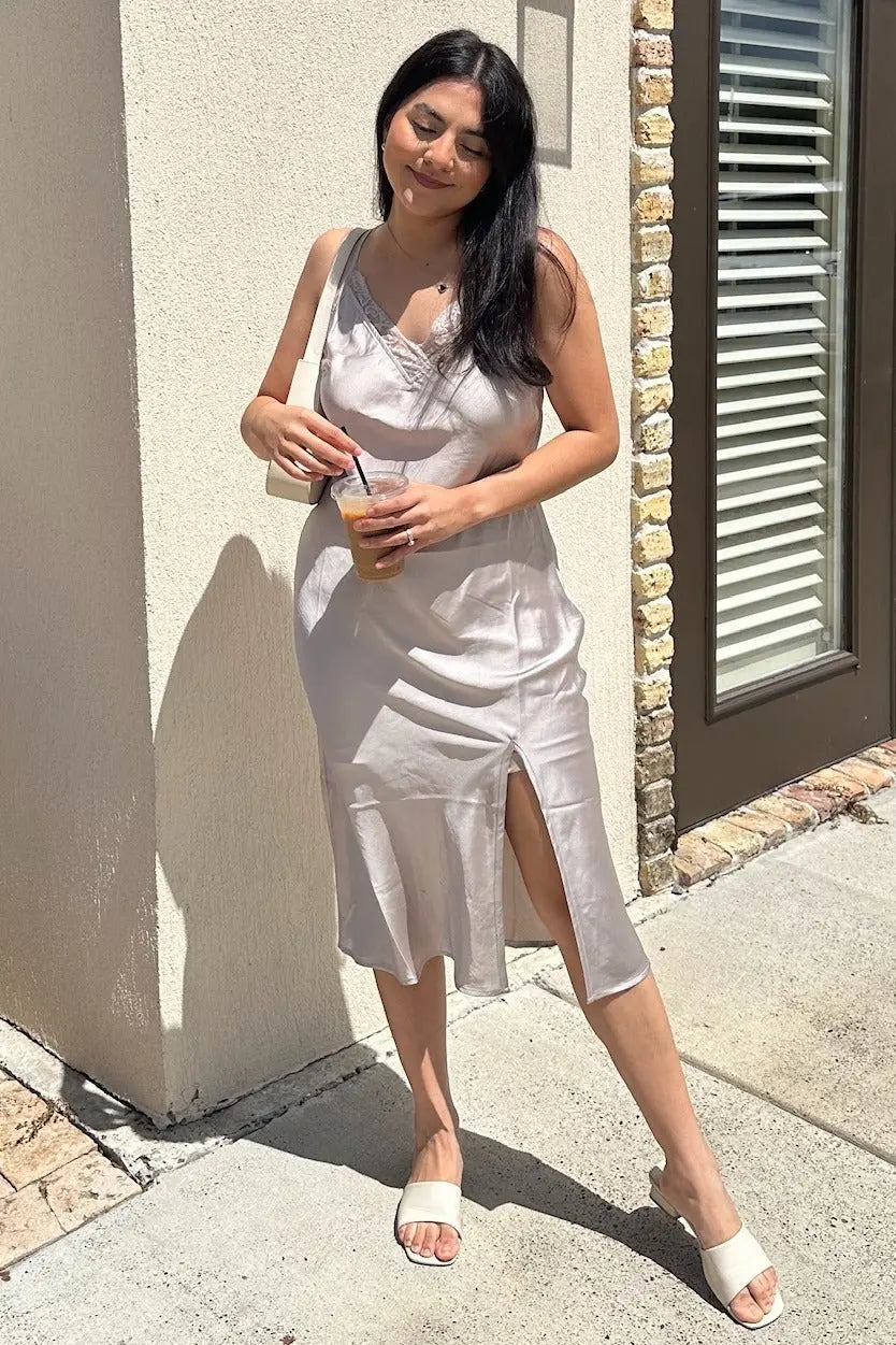 Champagne Lace Trim V Neck Satin Midi Slip Dress PinkBlush