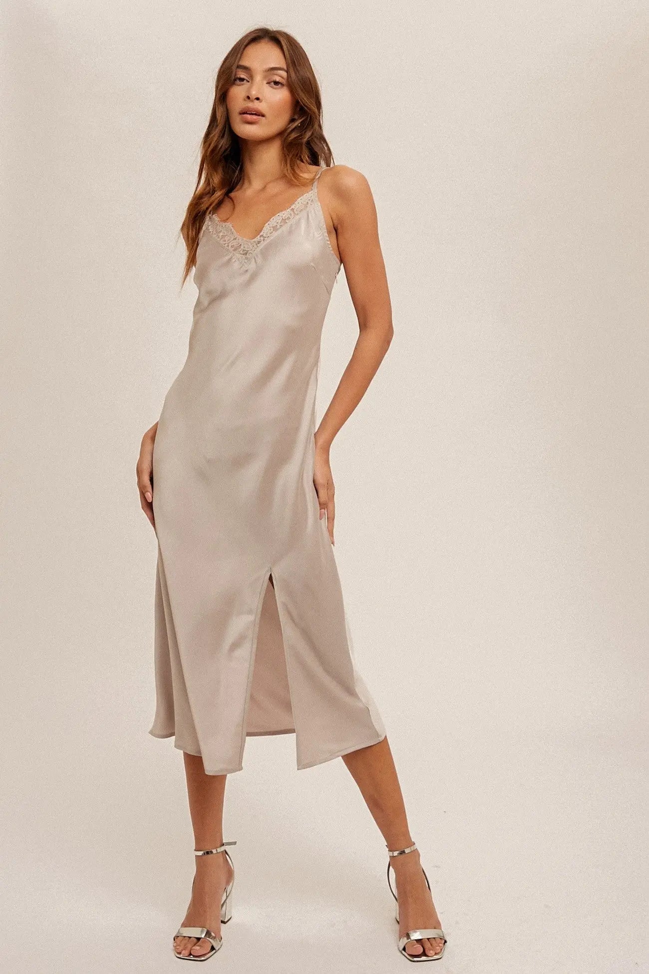 Champagne Lace Trim V Neck Satin Midi Slip Dress PinkBlush