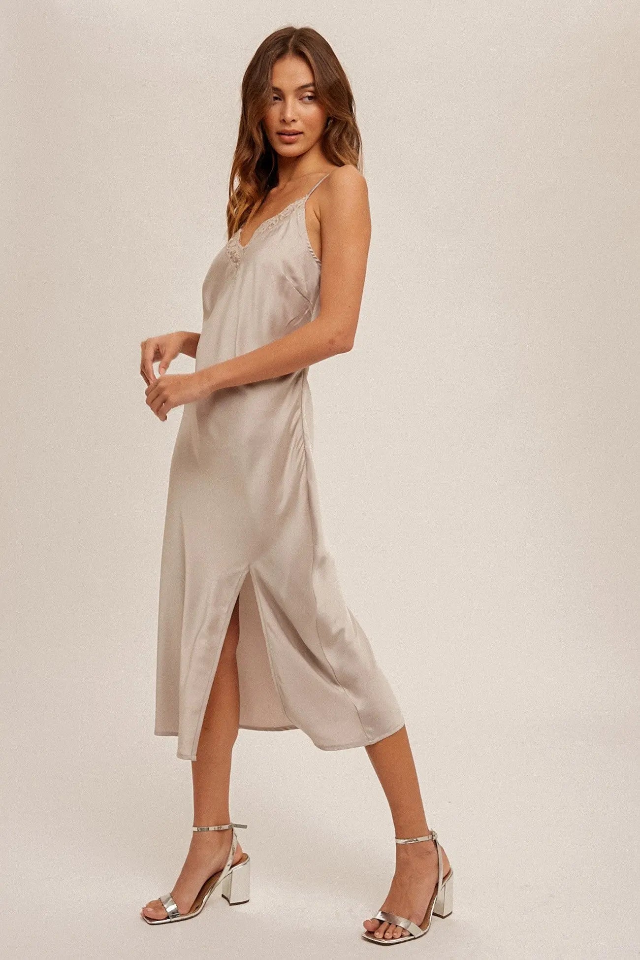 Champagne Lace Trim V Neck Satin Midi Slip Dress PinkBlush