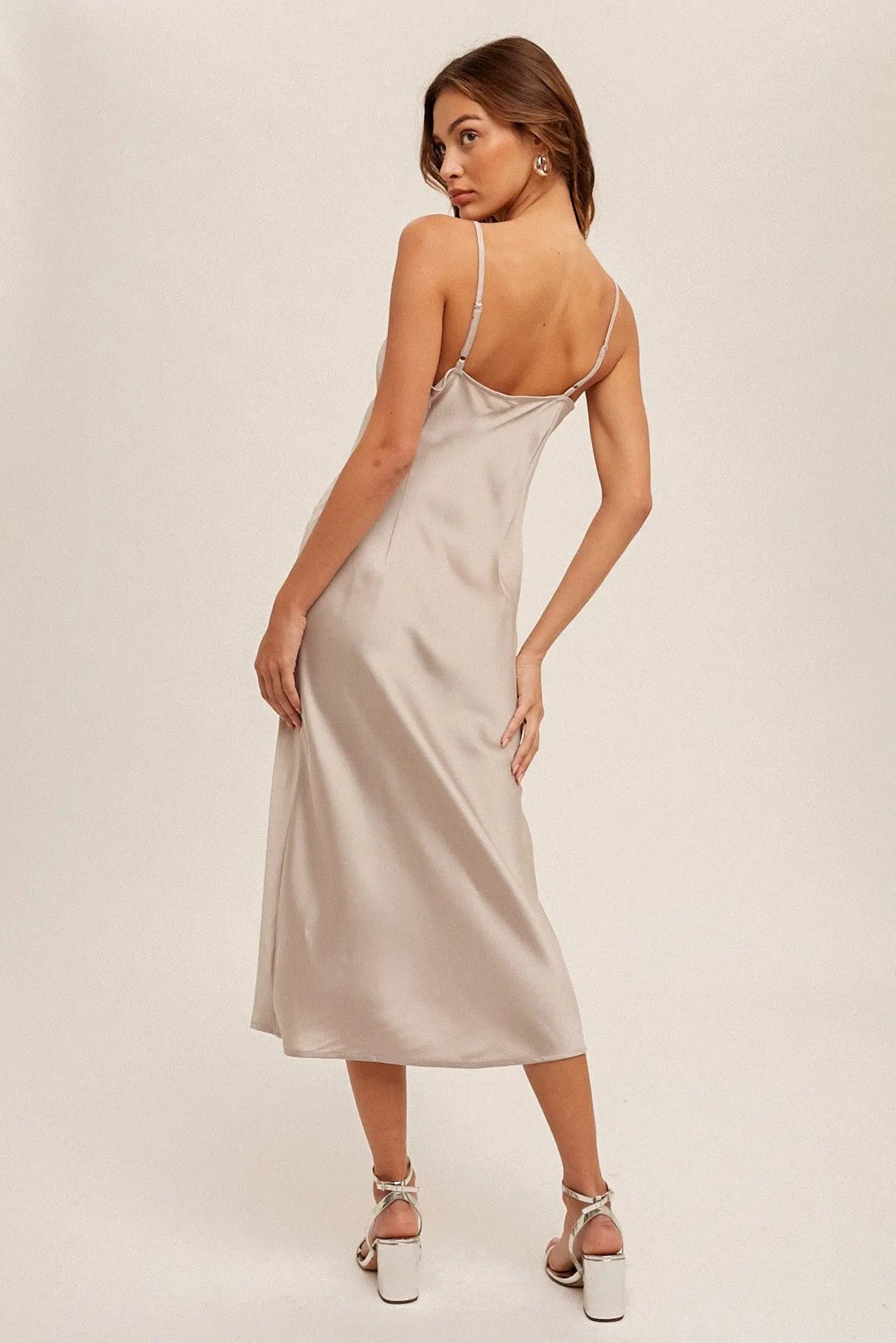 Champagne Lace Trim V Neck Satin Midi Slip Dress PinkBlush