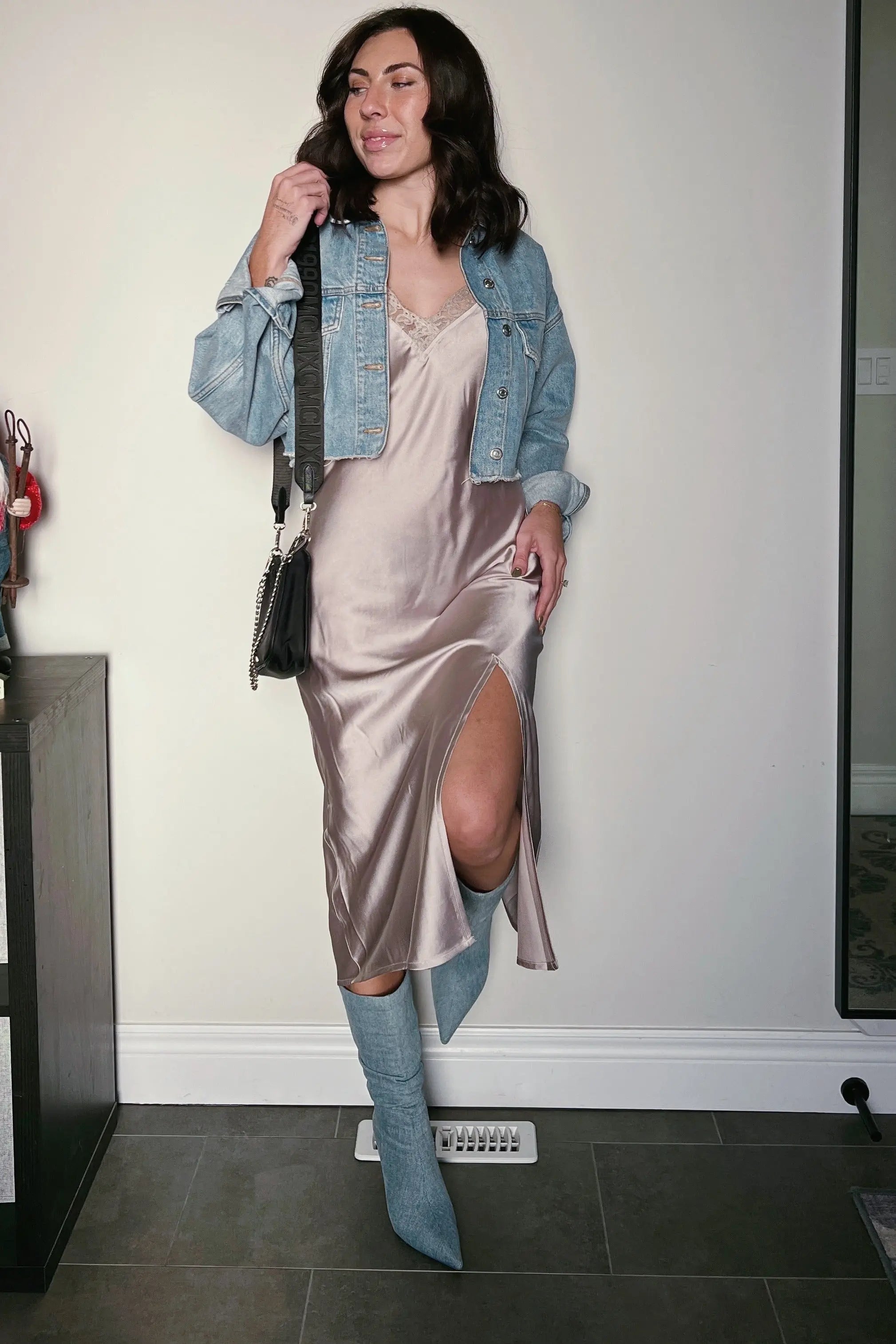 Champagne Lace Trim V Neck Satin Midi Slip Dress PinkBlush