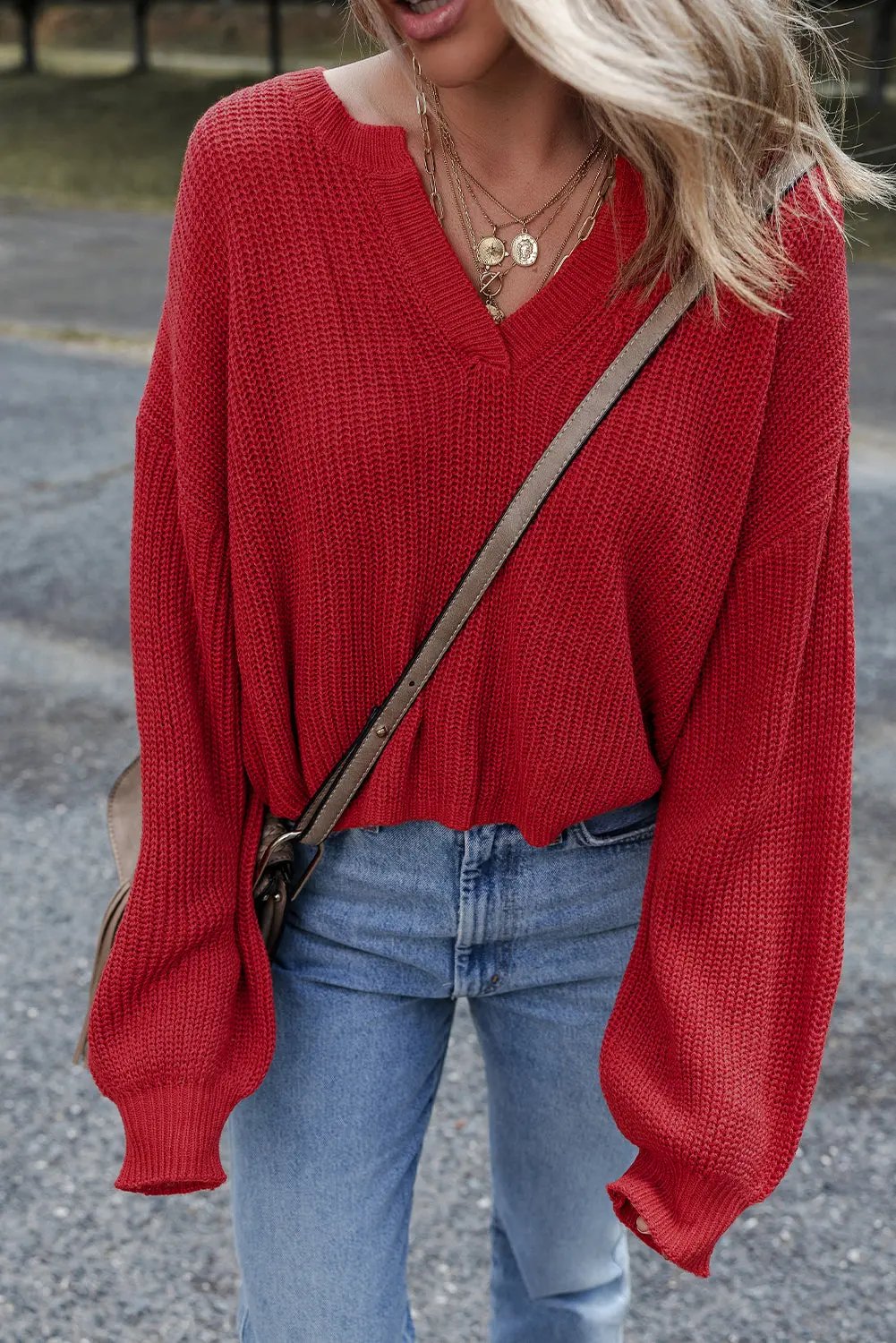 Premium Racing Red Solid Textured Knit V Neck Drop Shoulder Sweater Dear-Lover Dropshipping