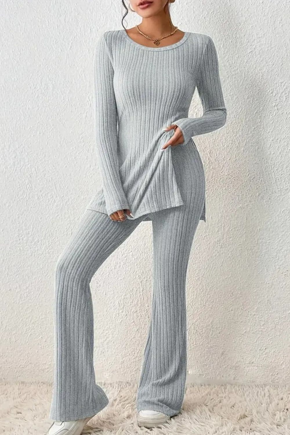 Ribbed Long Sleeve Slit Top and Bootcut Pants Set.