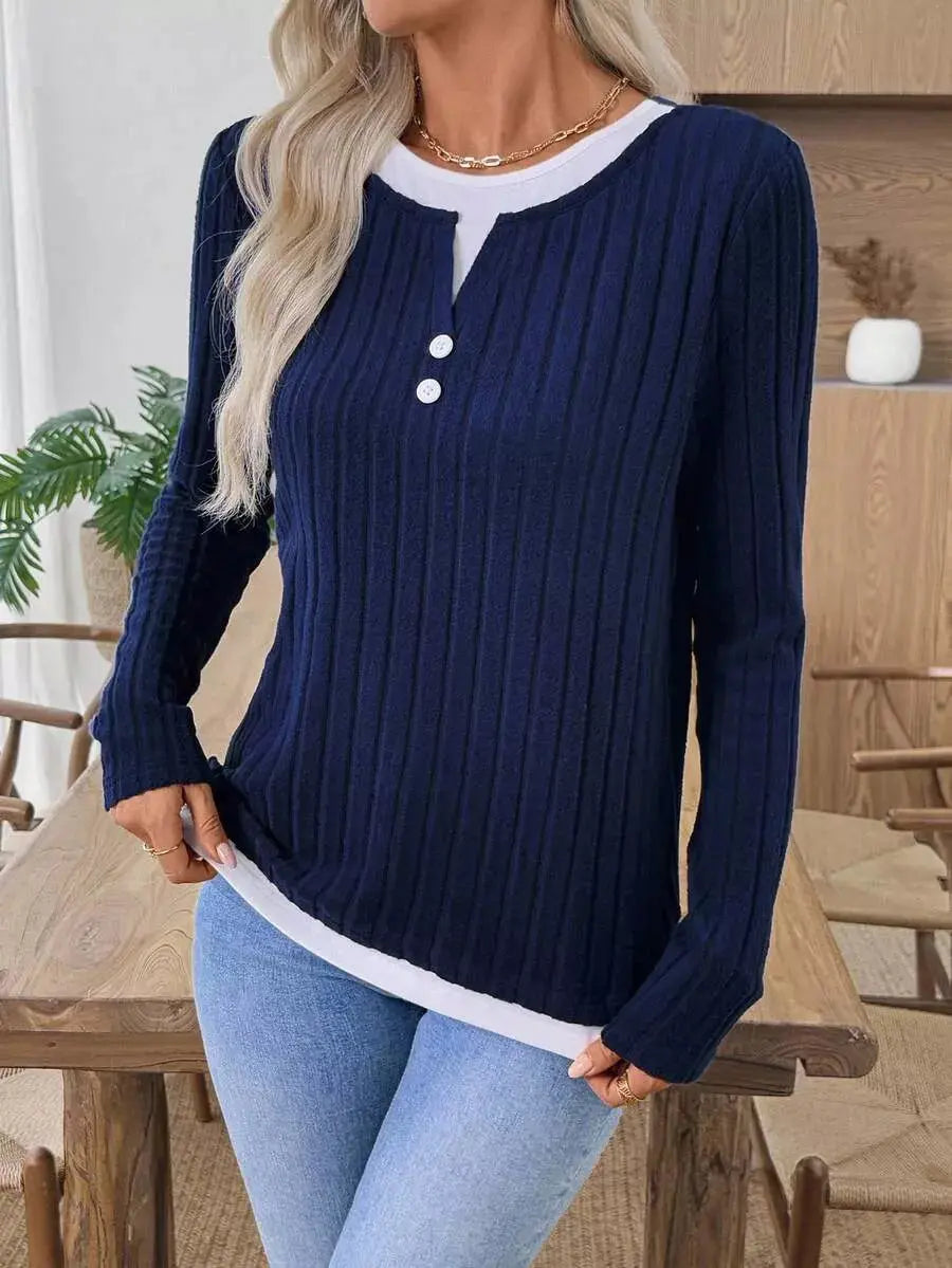 Ribbed Knit Long Sleeve Fake Two Piece T Shirt With Decorative Buttons Simply Love