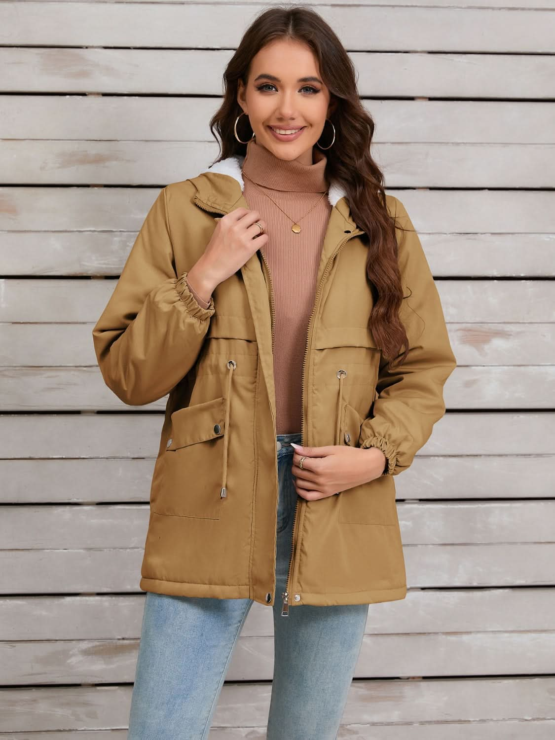 Drawstring Long Sleeve Hooded Jacket