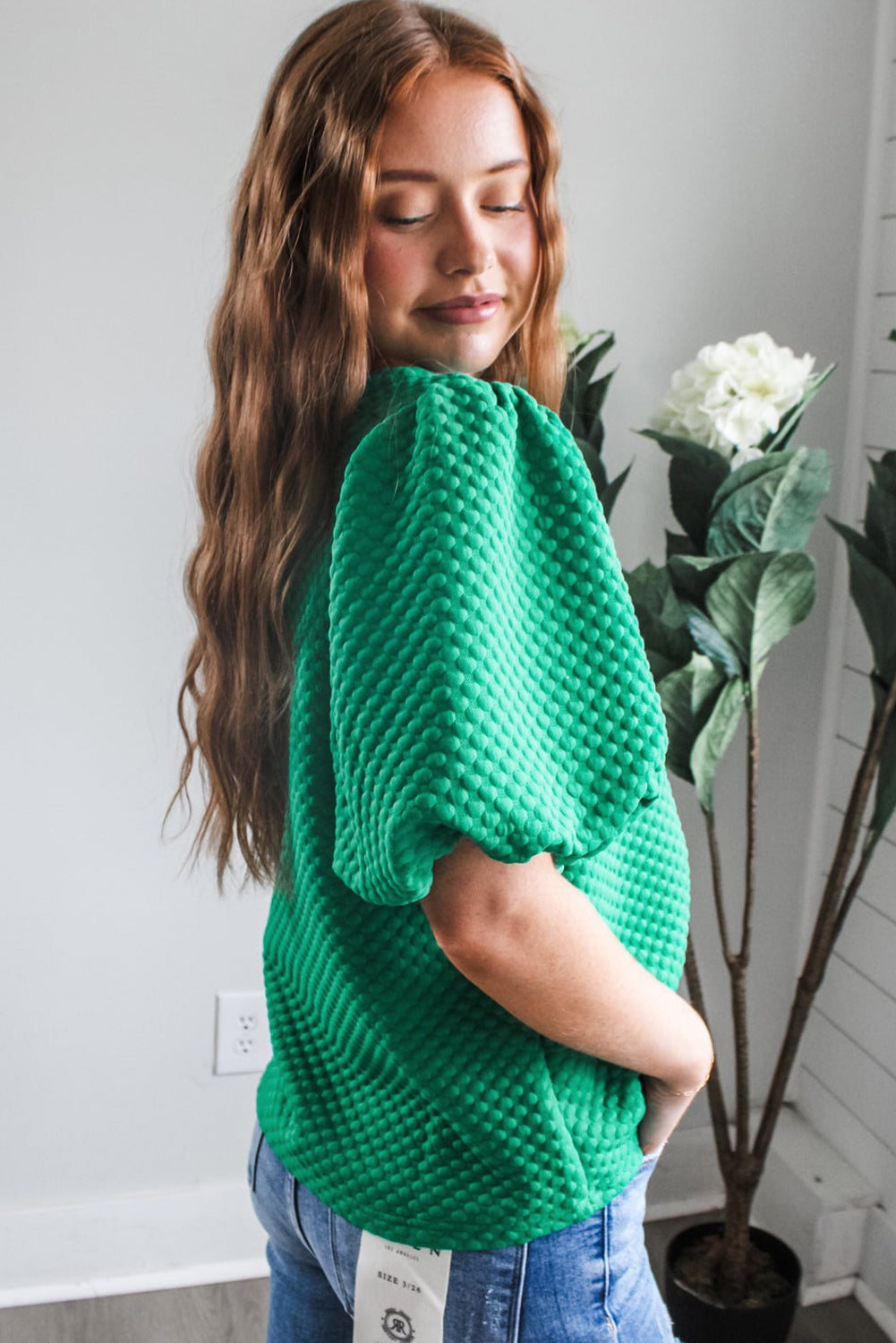 Textured Sea Green Puff Sleeve Blouse with O Neck Design