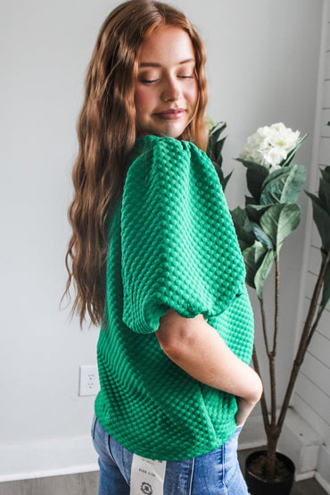 Textured Sea Green Puff Sleeve Blouse with O Neck Design