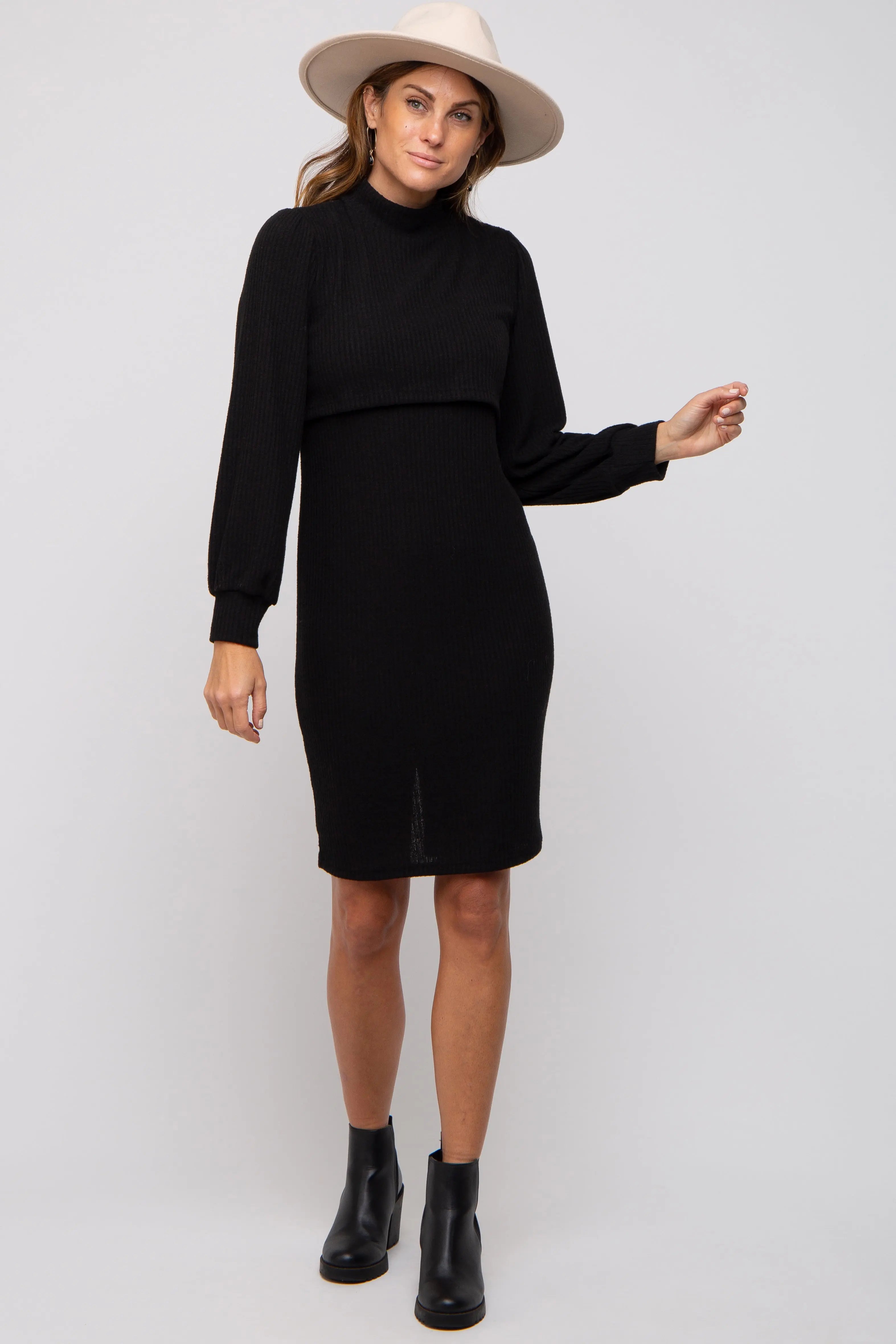 Black Rib Knit Mock Neck Mock Neck Nursing Dress PinkBlush