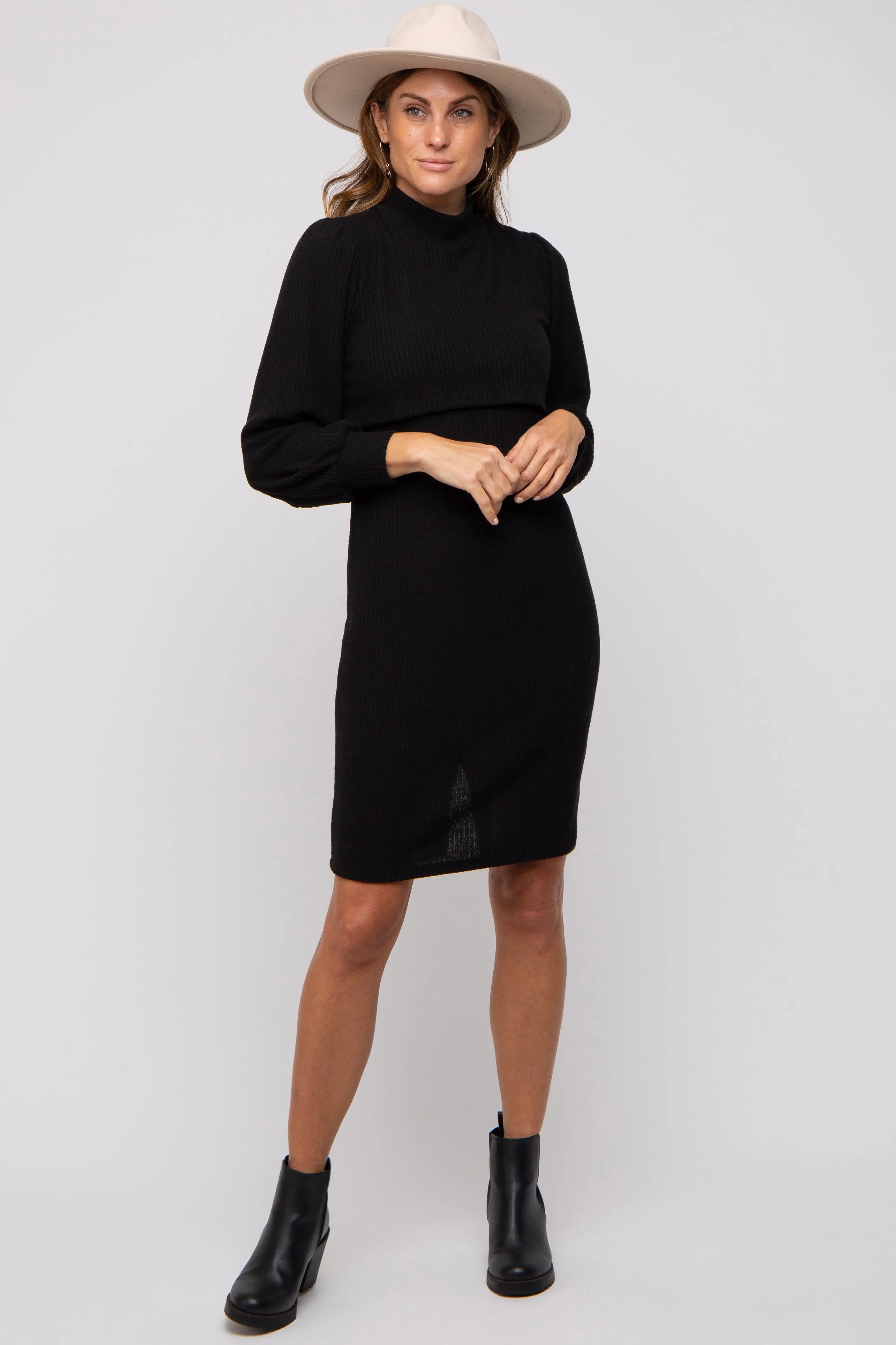 Black Rib Knit Mock Neck Mock Neck Nursing Dress PinkBlush