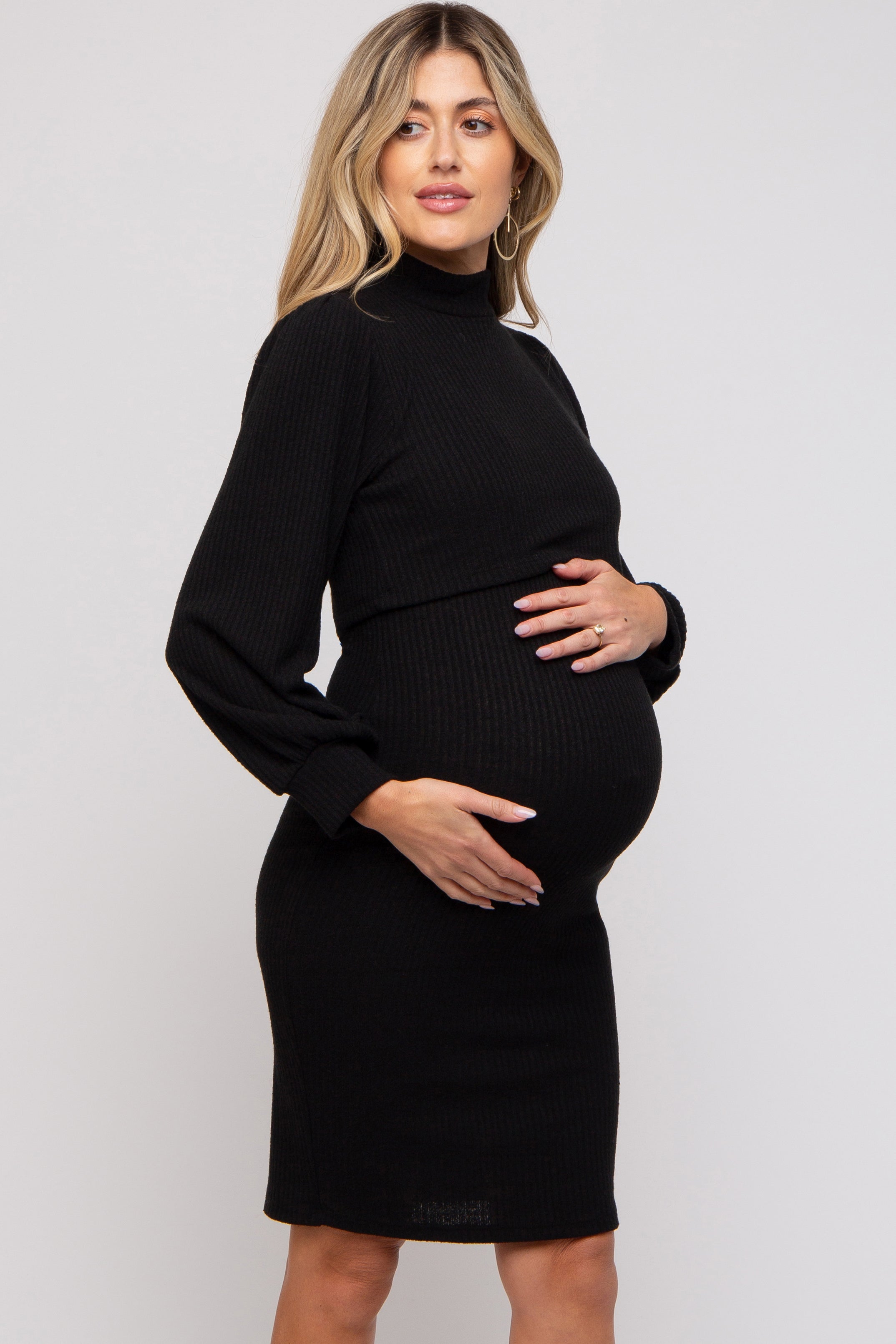 Black Rib Mock Neck Maternity Nursing Dress PinkBlush