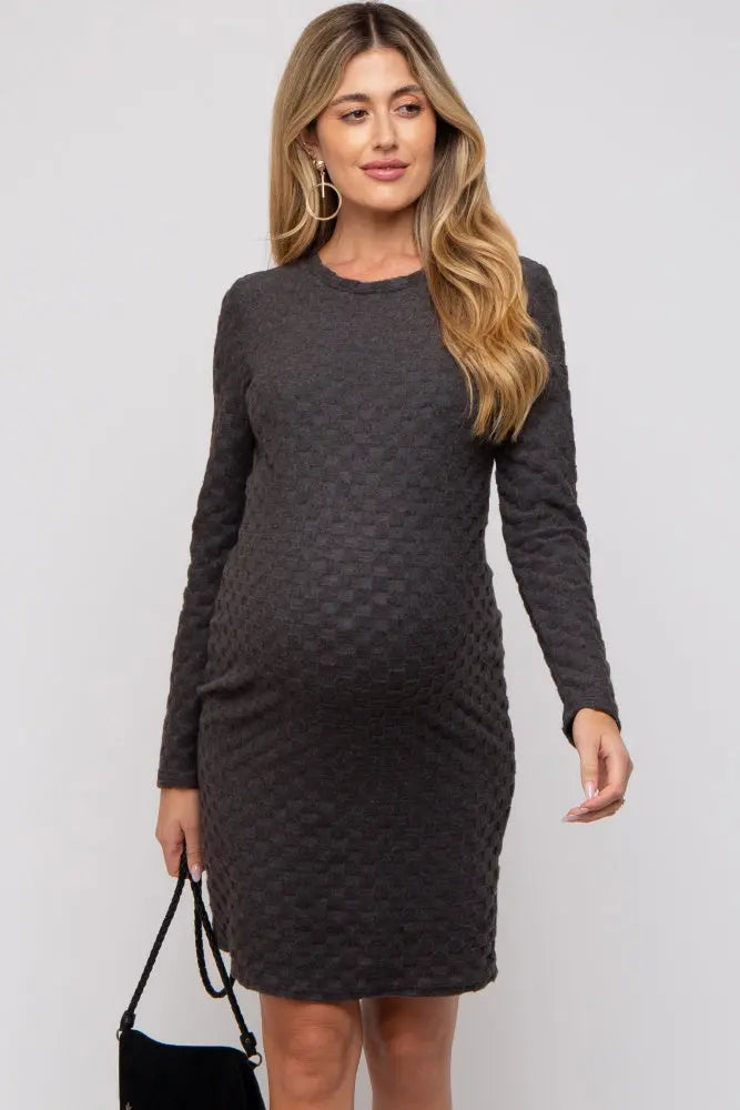 Black Soft Brushed Knit Long Sleeve Maternity Dress PinkBlush