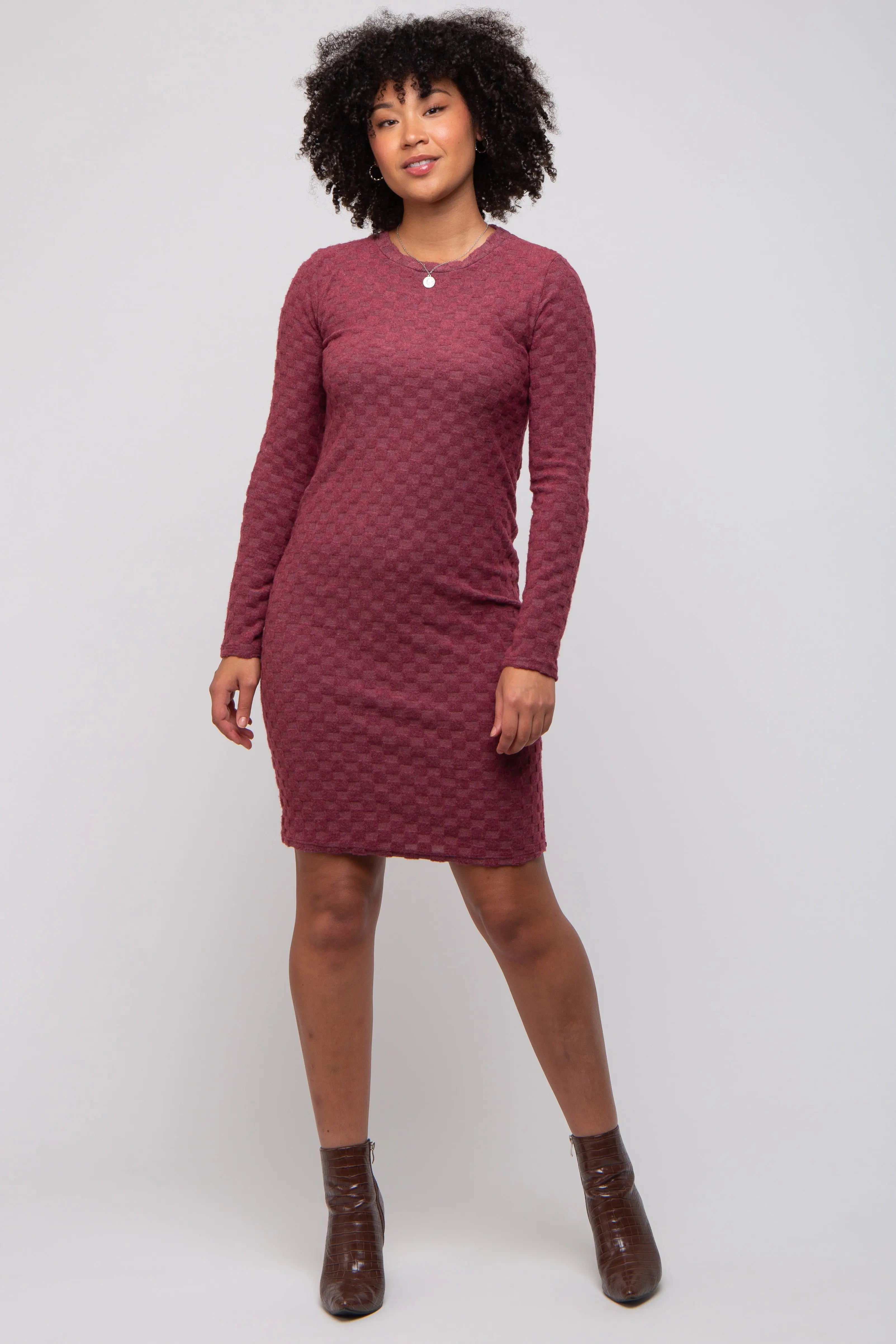 Burgundy Soft Brushed Knit Long Sleeve Maternity Dress PinkBlush