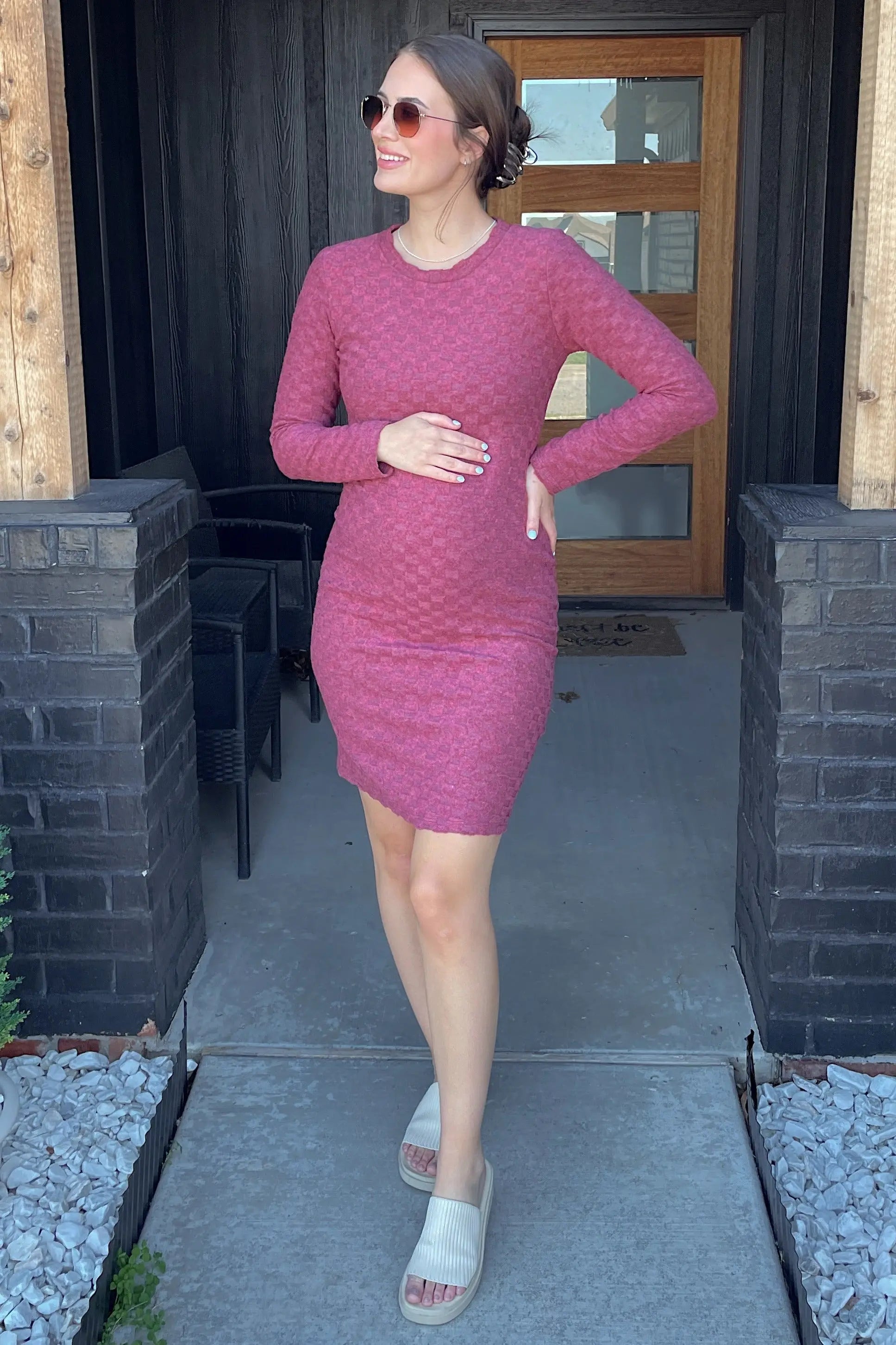 Burgundy Soft Brushed Knit Long Sleeve Maternity Dress PinkBlush