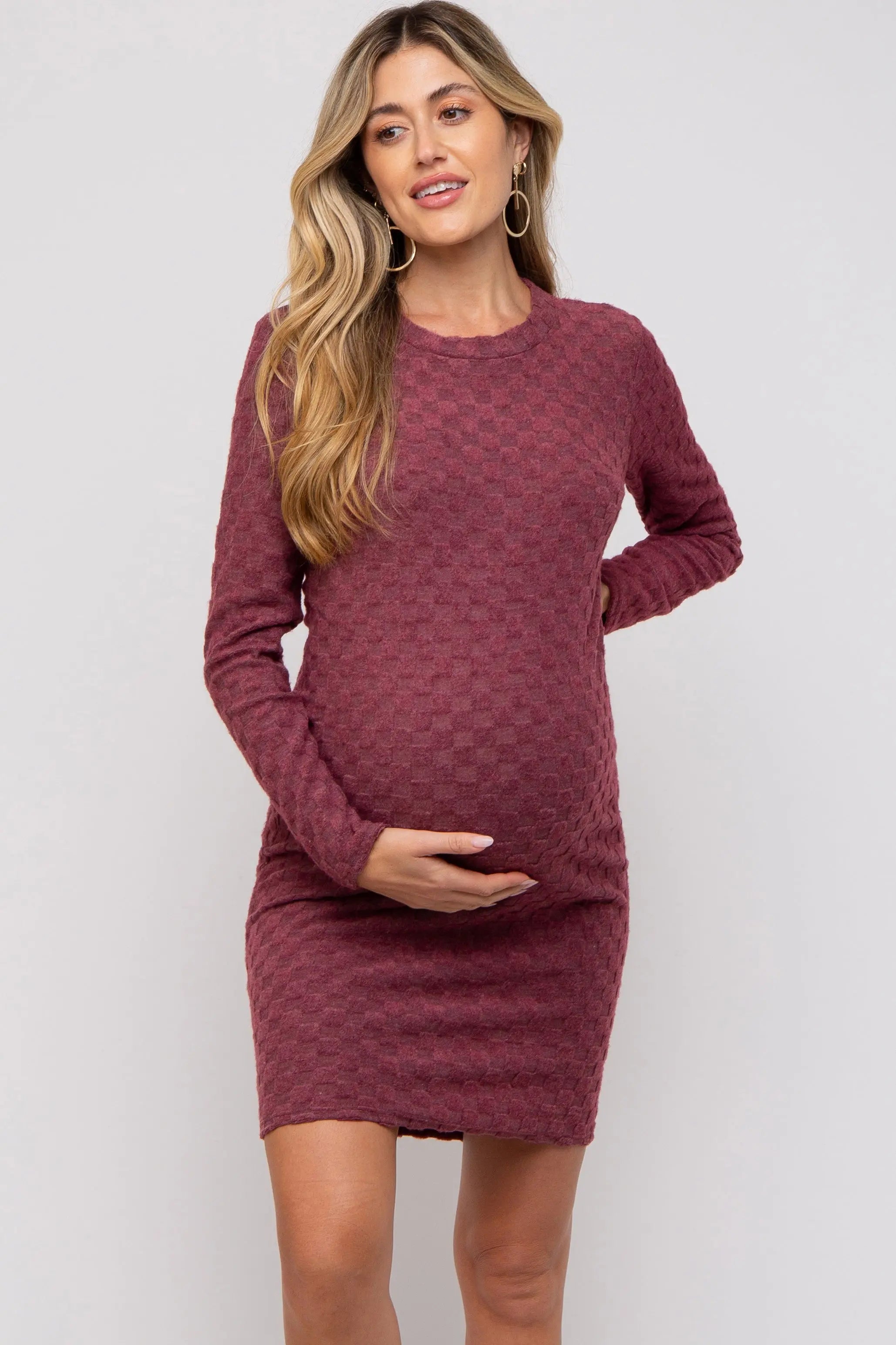 Burgundy Soft Brushed Knit Long Sleeve Maternity Dress PinkBlush