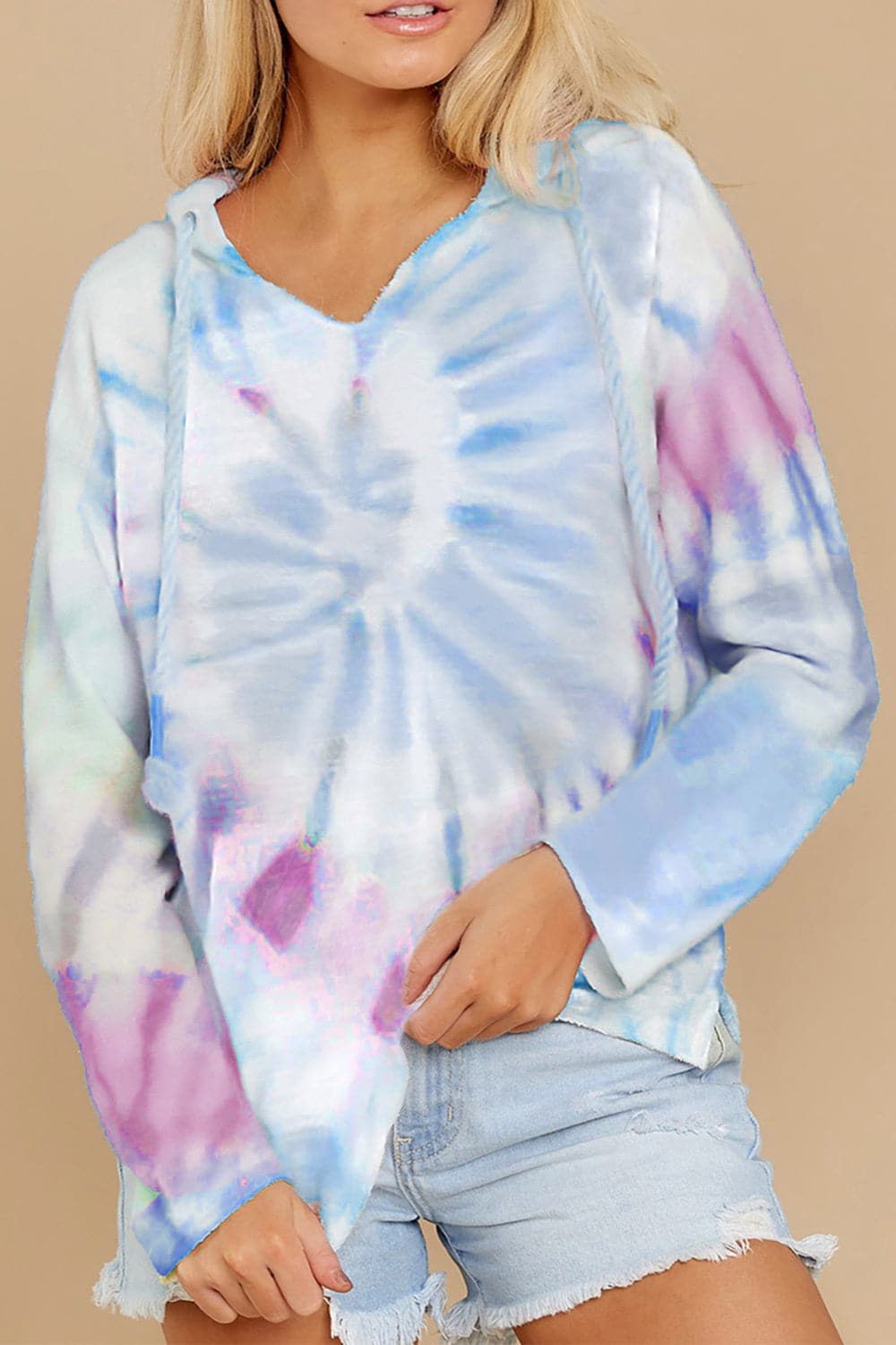 Colorful tie-dye drawstring hoodie with long sleeves