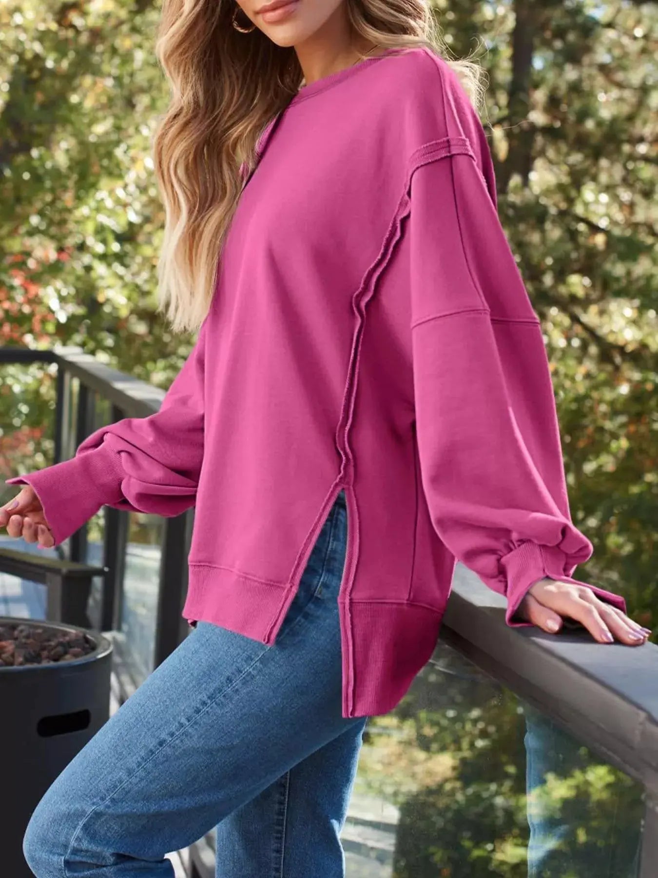 Side Slit Long Sleeve Oversized Sweatshirt Simply Love