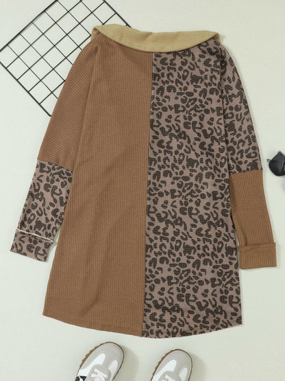 Half Button Leopard Collared Neck Blouse.