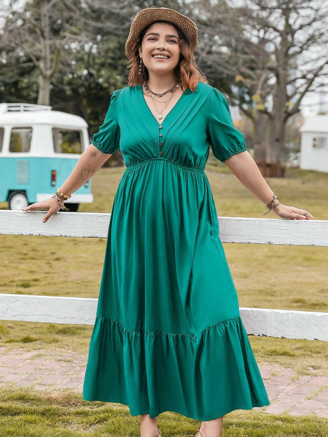 Plus Size V-Neck Short Sleeve Ruffle Hem Dress.