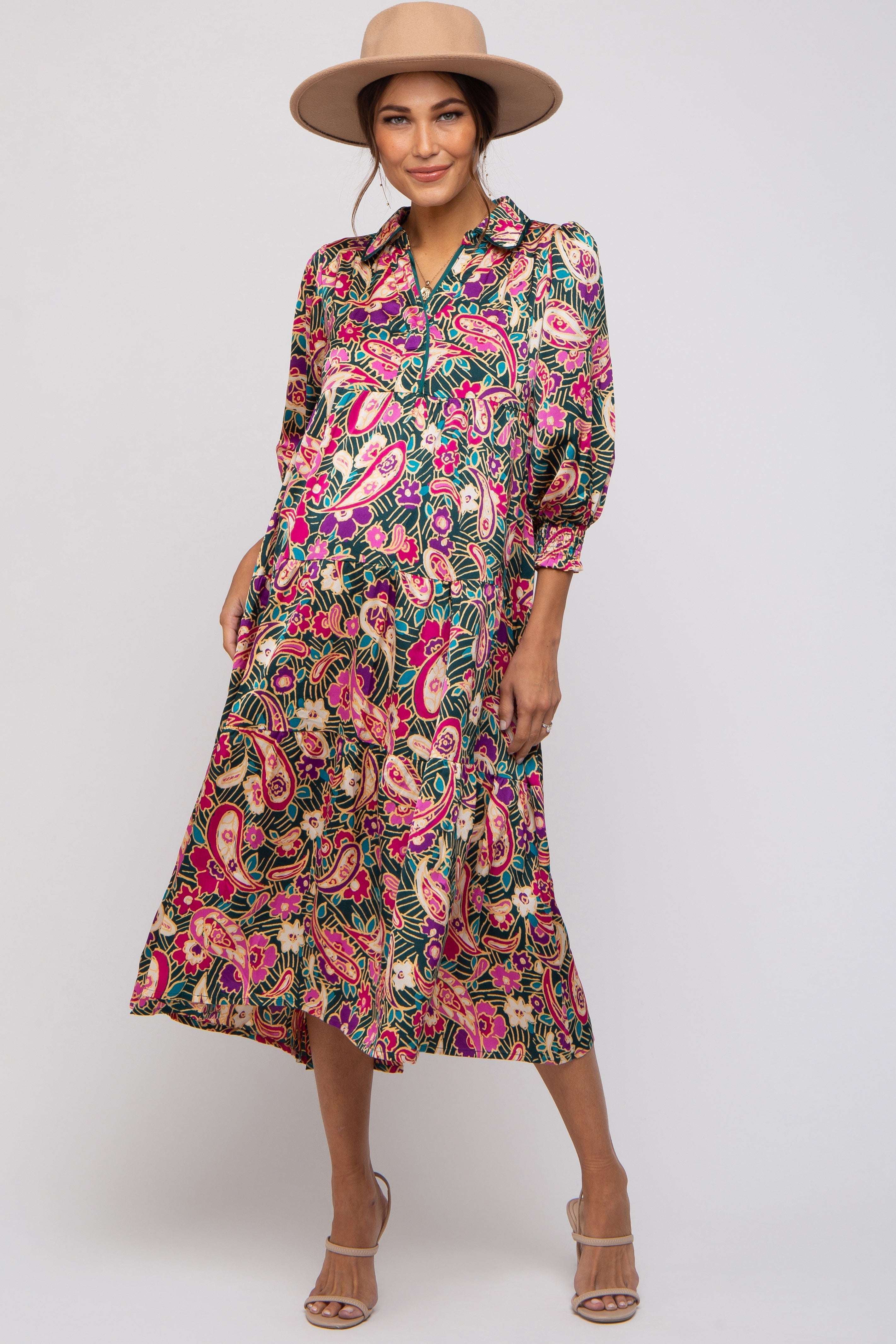 Forest Green Multicolor Floral Paisley Maternity Tiered Dress PinkBlush