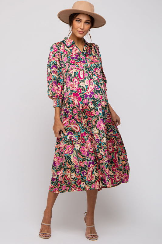 Forest Green Multicolor Floral Paisley Maternity Tiered Dress PinkBlush
