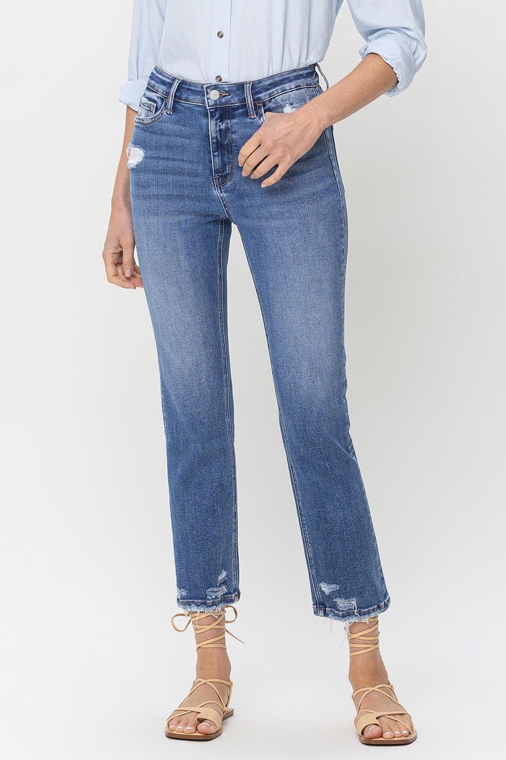 Lovervet High Rise Raw Hem Straight Jeans.