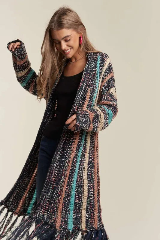 ADORA Multi Colour Sweater Long Cardigan with Fringes - Love Salve 