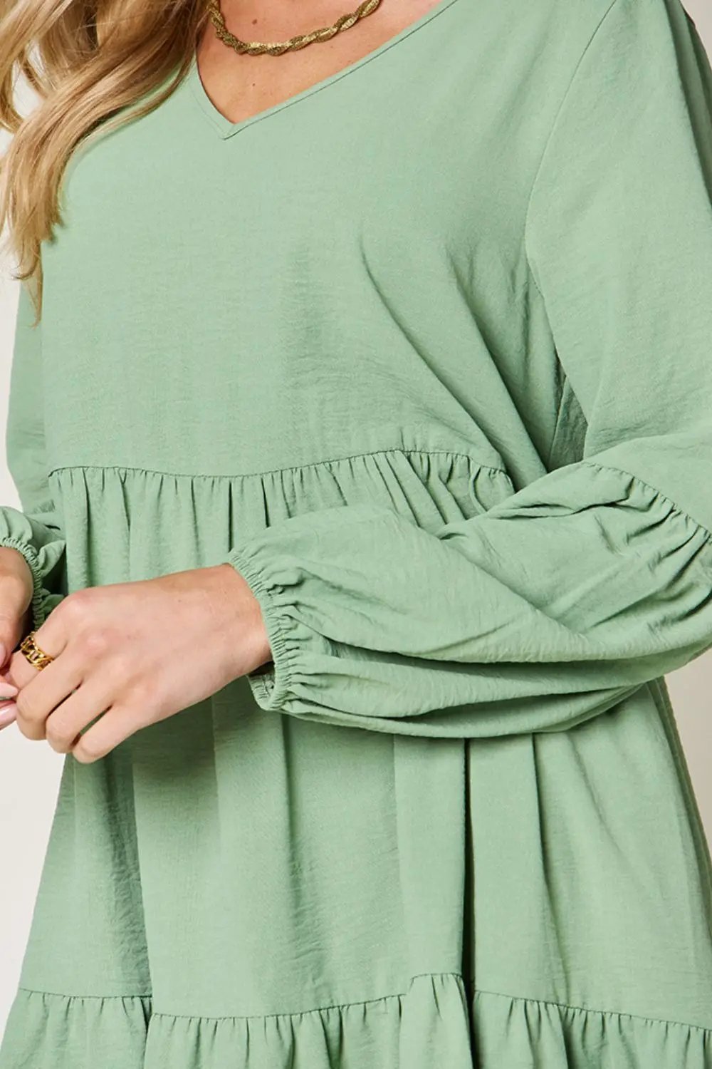 Double Take Full Size V-Neck Balloon Sleeve Tiered Dress - Love Salve