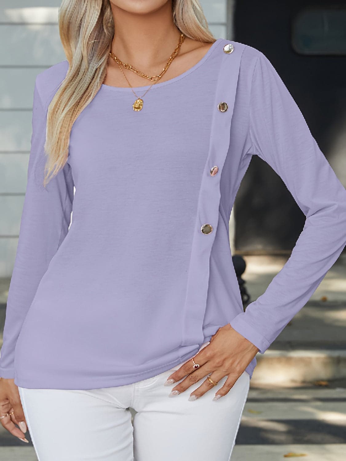 Decorative Button Round Neck Long Sleeve T-Shirt.