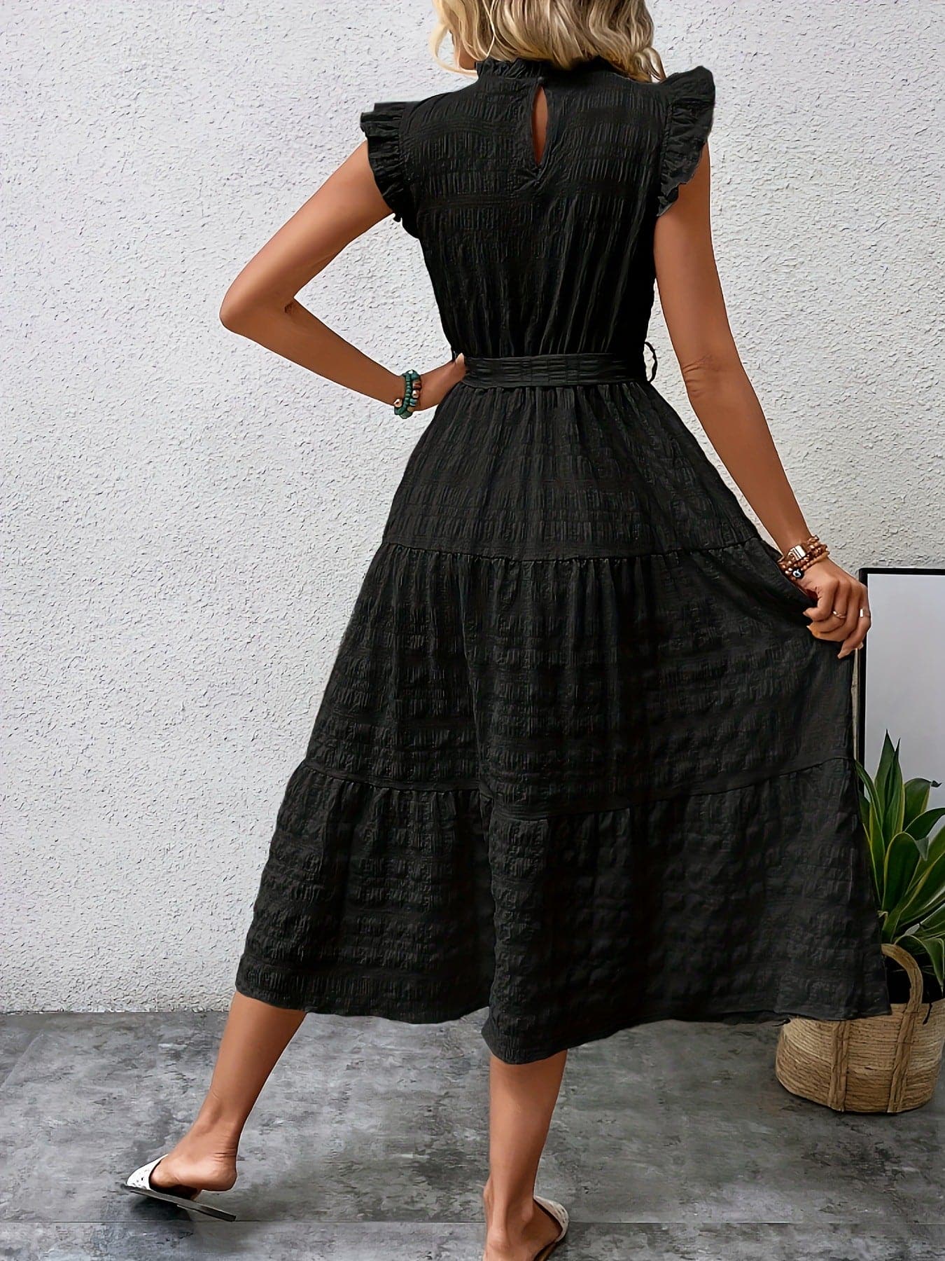 Tied Ruffled Cap Sleeve Midi Dress.