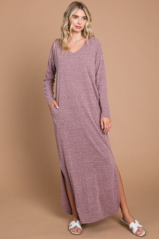 Plum Heathered Pocketed Long Sleeve Maxi Dress PinkBlush