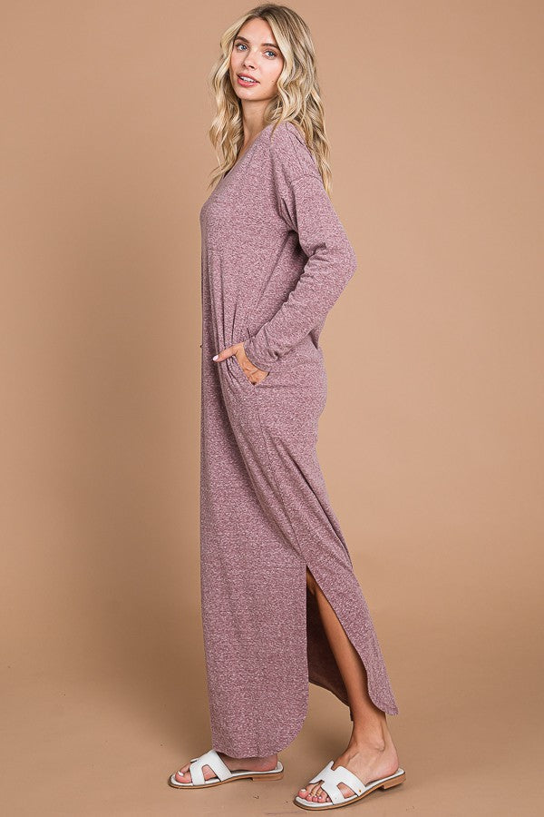 Plum Heathered Pocketed Long Sleeve Maxi Dress PinkBlush