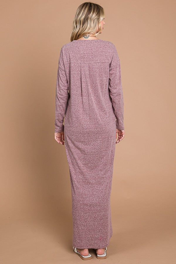Plum Heathered Pocketed Long Sleeve Maxi Dress PinkBlush