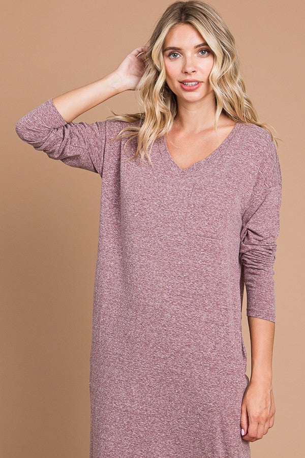 Plum Heathered Pocketed Long Sleeve Maxi Dress PinkBlush