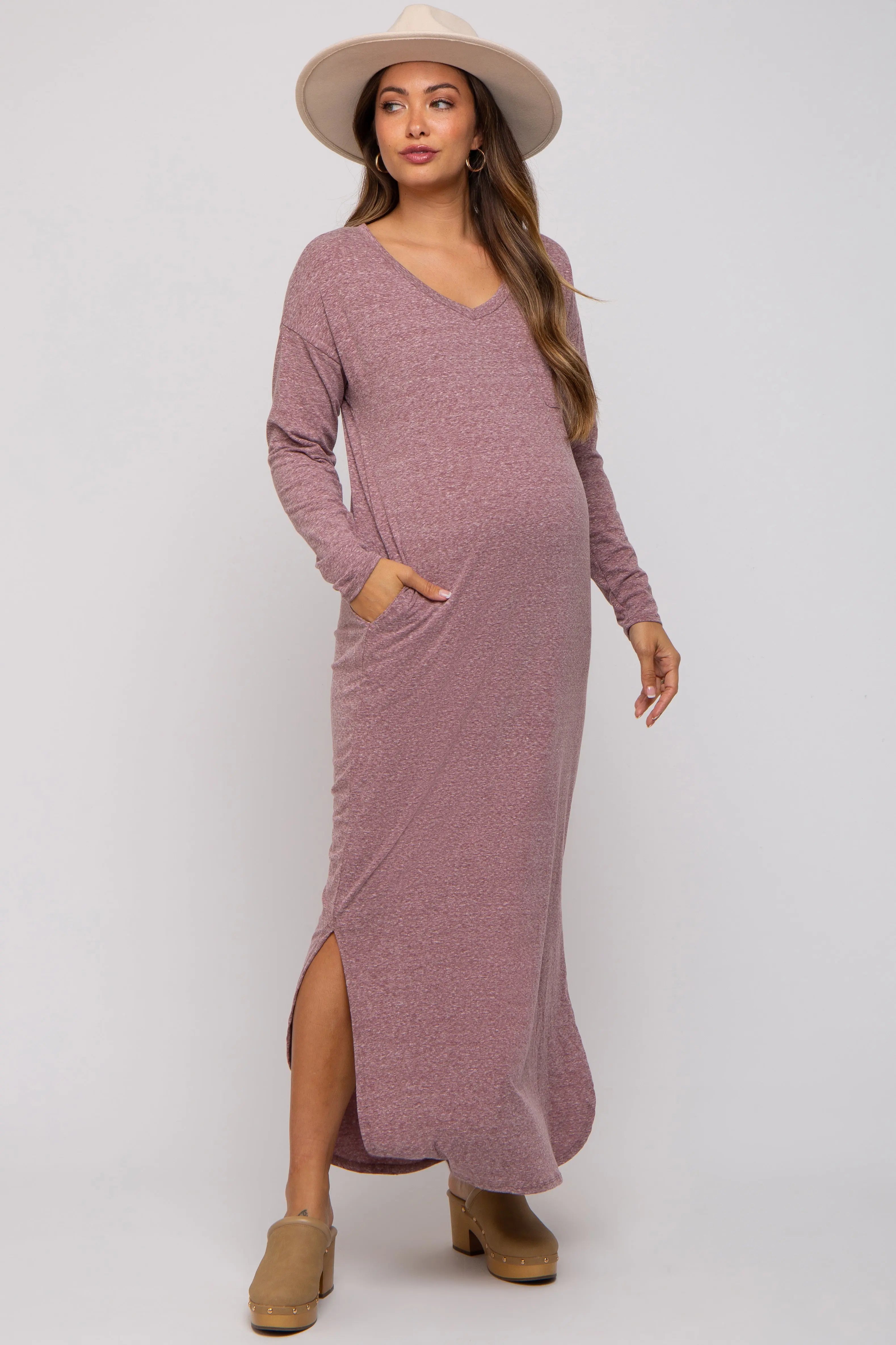 Plum Heathered Pocketed Long Sleeve Maternity Maxi Dress PinkBlush