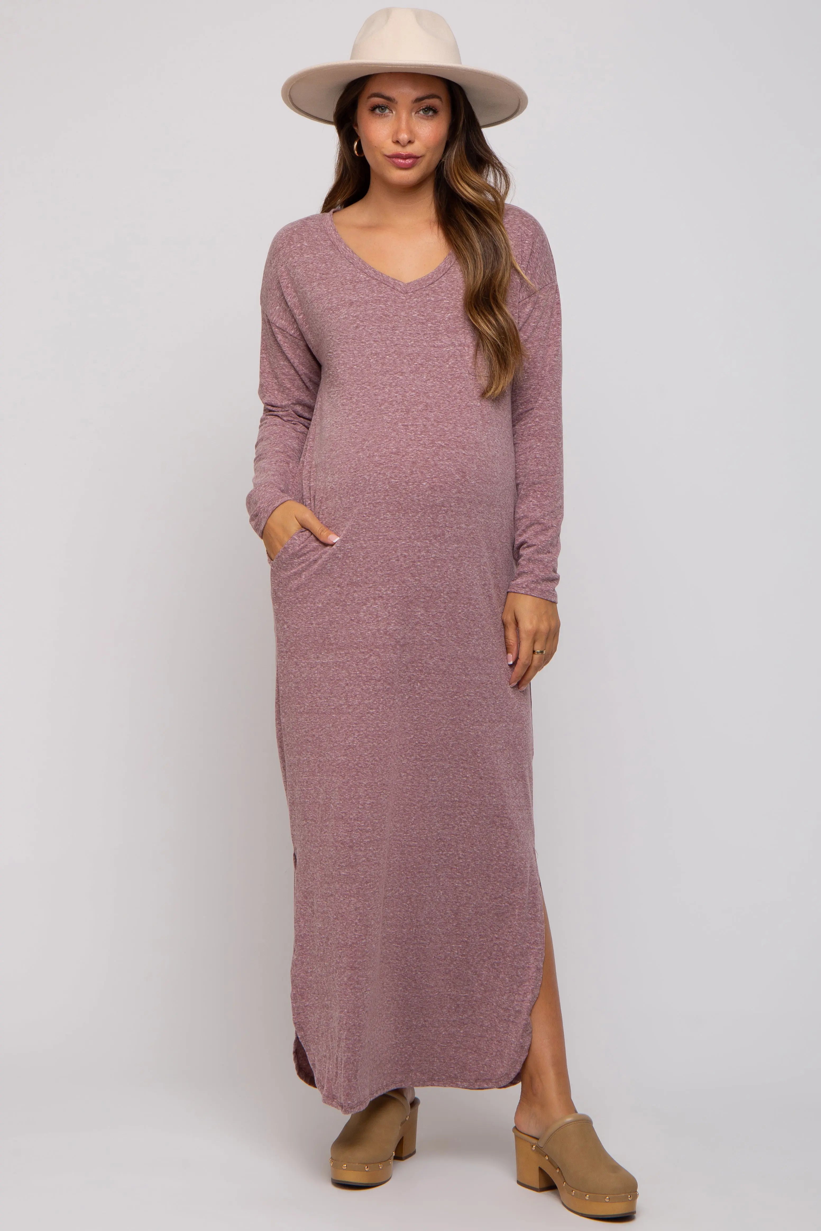 Plum Heathered Pocketed Long Sleeve Maternity Maxi Dress PinkBlush